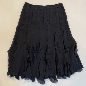 TSE 100% Silk Black Ruffle Midi Skirt, Fairy Gothic Grunge, Made in Italy